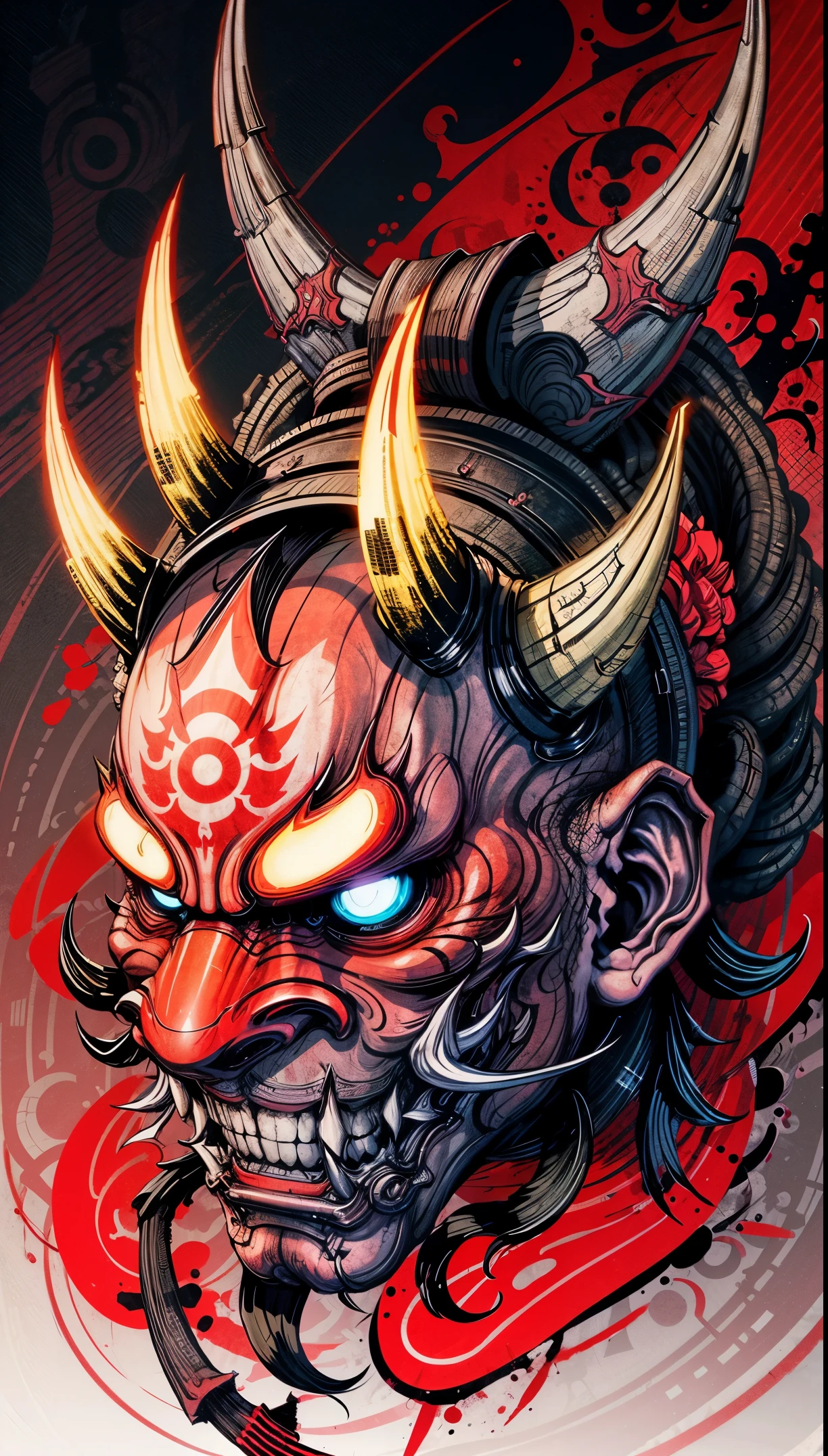 Hannya mask style 0milustrador, Obra maestra, alta calidad, 8k, Altas resoluciones, Altodetallado, caballero
