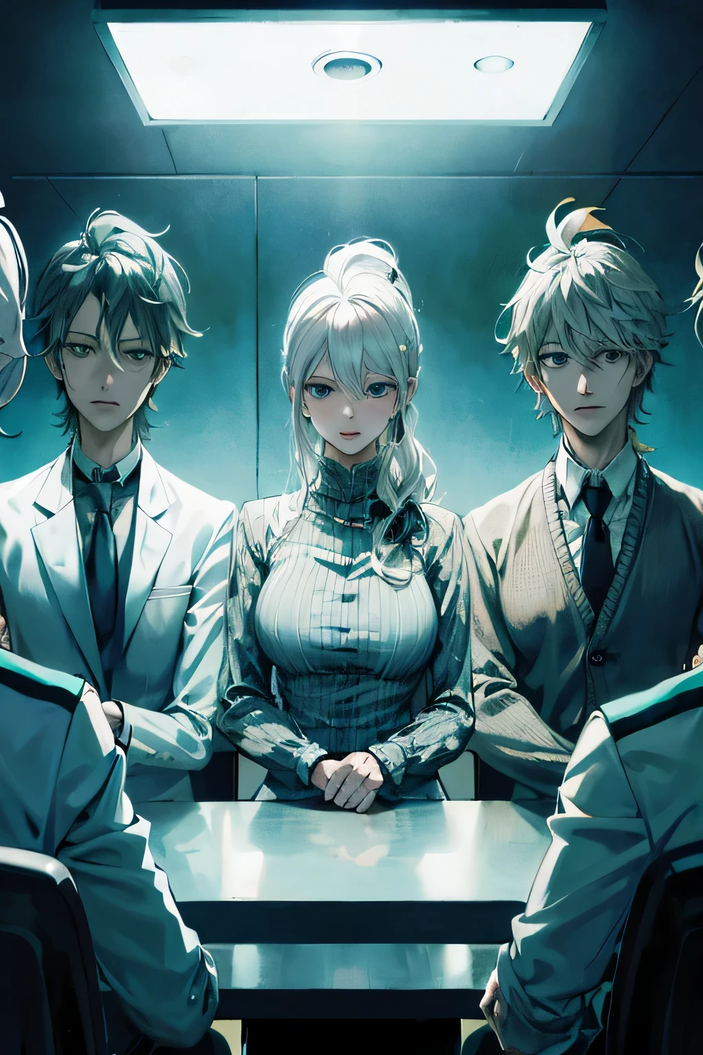 anime characters sitting around a table with a man in a suit, best anime 4k konachan wallpaper, digital art from danganronpa, nagito komaeda, 4 k manga wallpaper, nagito komaeda from danganronpa, white haired, evangelionic illustration, badass anime 8 k, white-haired, visual novel cg