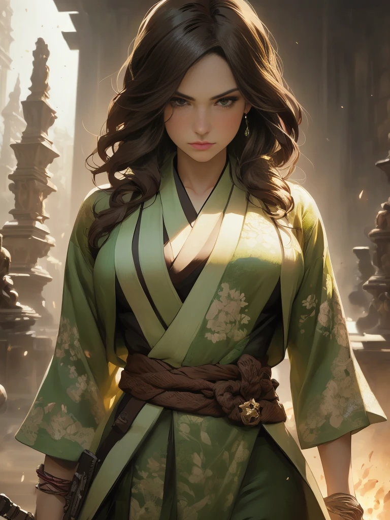 (Caucasianwoman, female, short brown hair, pale, brown eyes, solo portrait, natural breasts) green kimono, green clothing, close-up, standing inside, good lighting, daytime, infront of temple ((masterpiece, best quality)), art by greg rutkowski