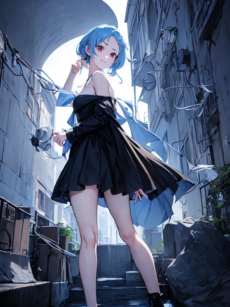 ((obra maestra)), ((Mejor calidad)), (ultra detallado), ((kawaii)), Cuvely), ((sexy)), ((extremadamente detallado)), 4k, (8k), Mejor calidad, (hermoso), (estilo animado:1.2), color plano, Cuadro, ROMPER, dynamic pose ((NSFW)), ROMPER, parte superior del cuerpo, gradation, Beautiful girl with Cabello pálido,con el pelo despeinado, short Pale blue hair,pupilas blancas,Las piernas son muy delgadas,Las piernas son largas, red eyelashes, masterpiece, ROMPER, 1 chica ((20 years)), sylphiette, Chaqueta negra , minifalda negra, Acciones largas, Botas negras, ROMPER, pechos grandes, Brazos abiertos de par en par, looking back over shoulder, Sonrisa, Boca abierta, cabello corto, (Pale blue hair, ojos rojos profundos:1.2), ojos chispeantes, (ojos perfectos:1.2), (iris perfecto:1.2), ROMPER, (cold), ROMPER, brillante-reluciente, cuerpo ultra brillante, reluciente, Cara linda, kawaii, pechos grandes, Cabello delicado, pelo despeinado, ROMPER, noche oscura, Luna llena, castillo, ((low camera angle, vista al suelo)) Alto y alto,delgado, 8k, Ultrarrealista, arte oficial