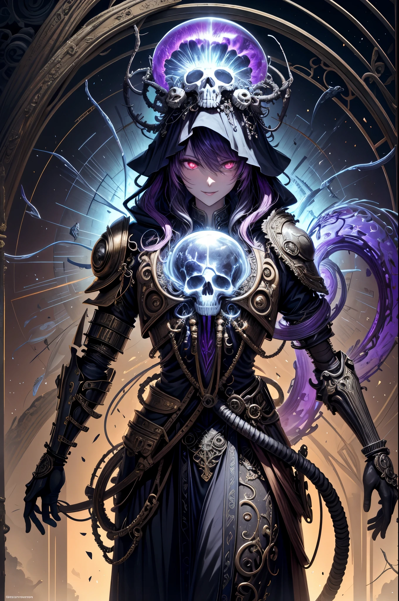 (Masterpiece, best quality :1.3), ultra-detailed, intricate, 8k, HDR, wallpaper, movie lighting, (Universe), gun, (shooting position), glow, armor, (mouth open, teeth bared, manic smile), red eyes, Mecha, large wings, head close-up (metal skeleton parasitically parasized by a dreamlike transparent jellyfish), An altar of abstractly twisted jellyfish tentacles holds a very large (mysterious skull made of metal), a waterfall of transparent tentacles above the skull, (dark sunglasses, highly reflective lenses, a rainbow around the skull), and an energetic circular composition only illustrates the influence of various structural forces (steampunk decorative elements, cogs, and other elements). Pointer, chain decoration combination,
