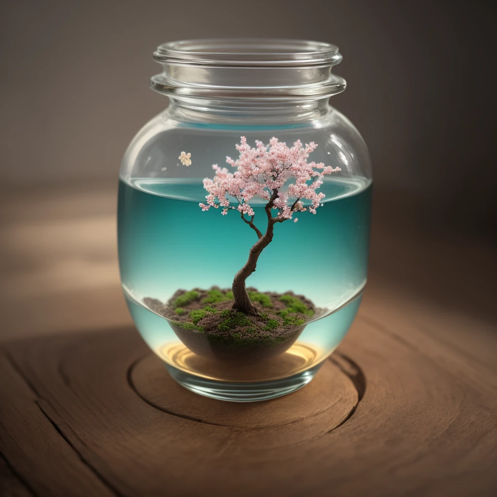 sakura tree in a bottle, Fluffy, realistic, Atmospheric light refraction, Writer: lee jeffries nikon d850 film stock photo 4 kodak portra 400 camera f1.6 lens rich colors hyper realistic lifelike texture dramatic lighting unreal engine trending on artstation cinestill 800, Style - Yuri