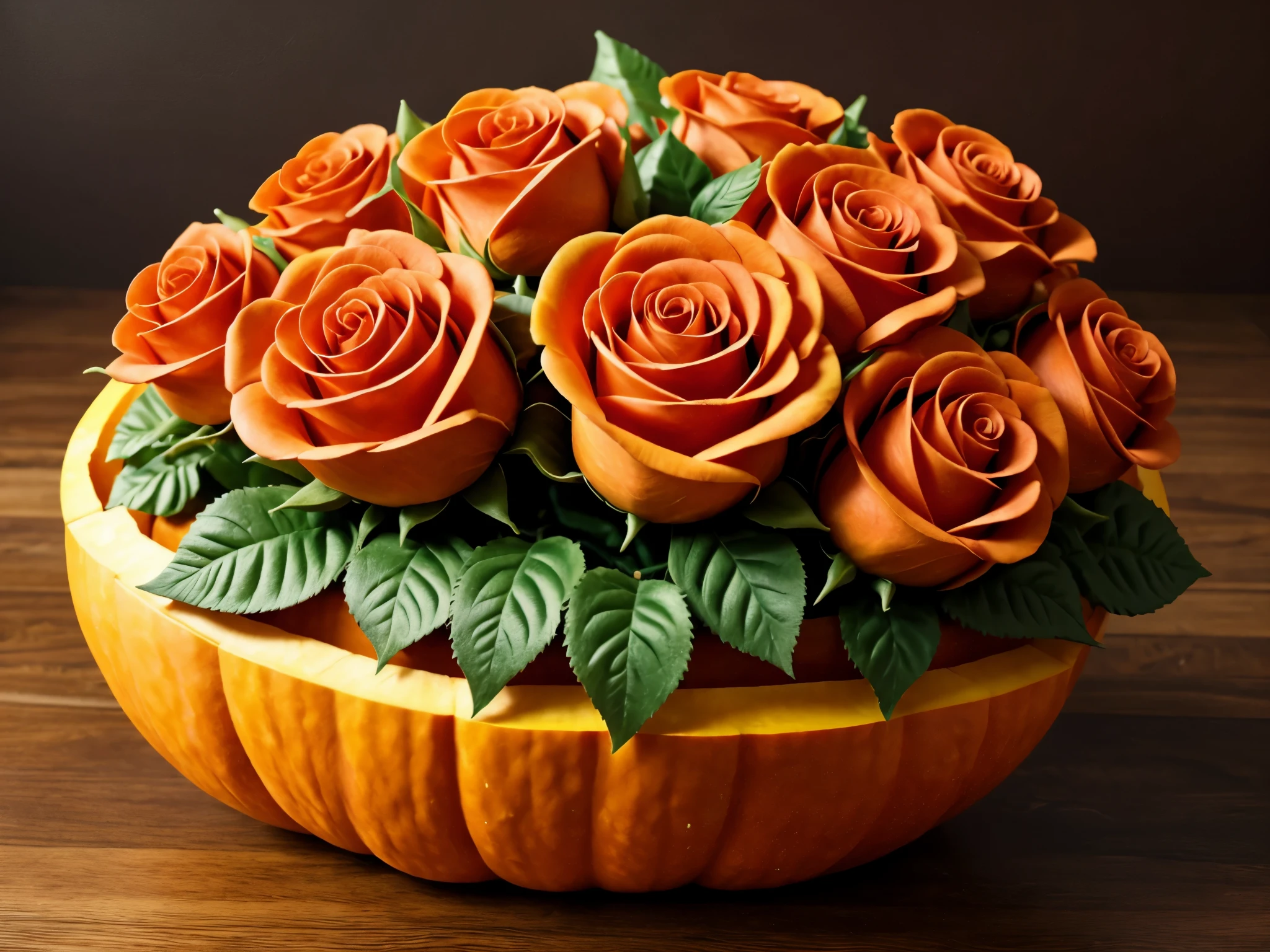 best quality, super detailed, lifelike,3d rendering, Pumpkin carving,roses