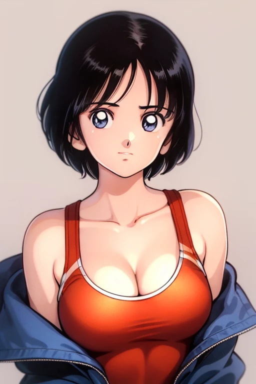 1girl, haruka, black hair, short hair, bangs, looking at viewer, medium breast, cleavage, (seiza), slender, upper body, (off shoulder, competition swimsuit), (best quality, masterpiece:1.3), (perfect detailed anatomy, Beauty details eyes, Shiny skin, beautiful breasts and cleavage), 