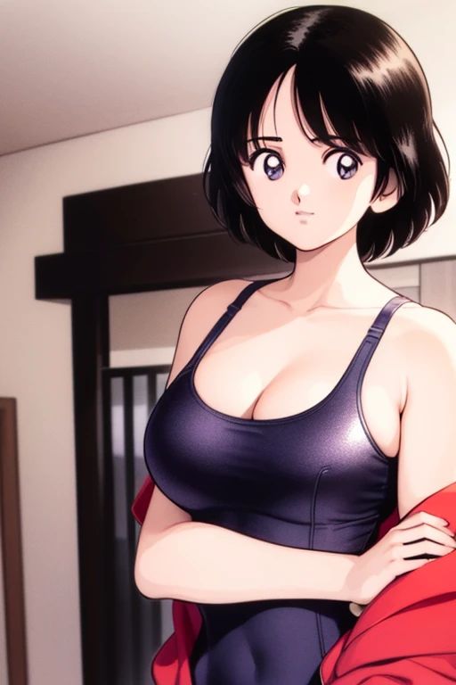 1girl, haruka, black hair, short hair, bangs, looking at viewer, medium , cleavage, (seiza), slender, upper body, (off shoulder, competition swimsuit), (best quality, masterpiece:1.3), (perfect detailed , Beauty details eyes, Shiny skin, beautiful  and cleavage), 