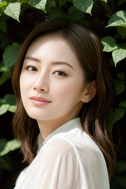 table top, highest quality, Photoreal, 8k wallpaper, masterpiece, one beautiful japanese woman, Elegant and sheer blouse,(beautiful hair), sunlight filtering through the foliage, ((look at the audience)), detailed face, fine skin texture, Detailed lip rest bulge)