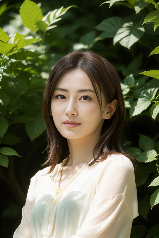 table top, highest quality, Photoreal, 8k wallpaper, masterpiece, one beautiful japanese woman, Elegant and sheer blouse,(beautiful hair), sunlight filtering through the foliage, ((look at the audience)), detailed face, fine skin texture, Detailed lip rest bulge)