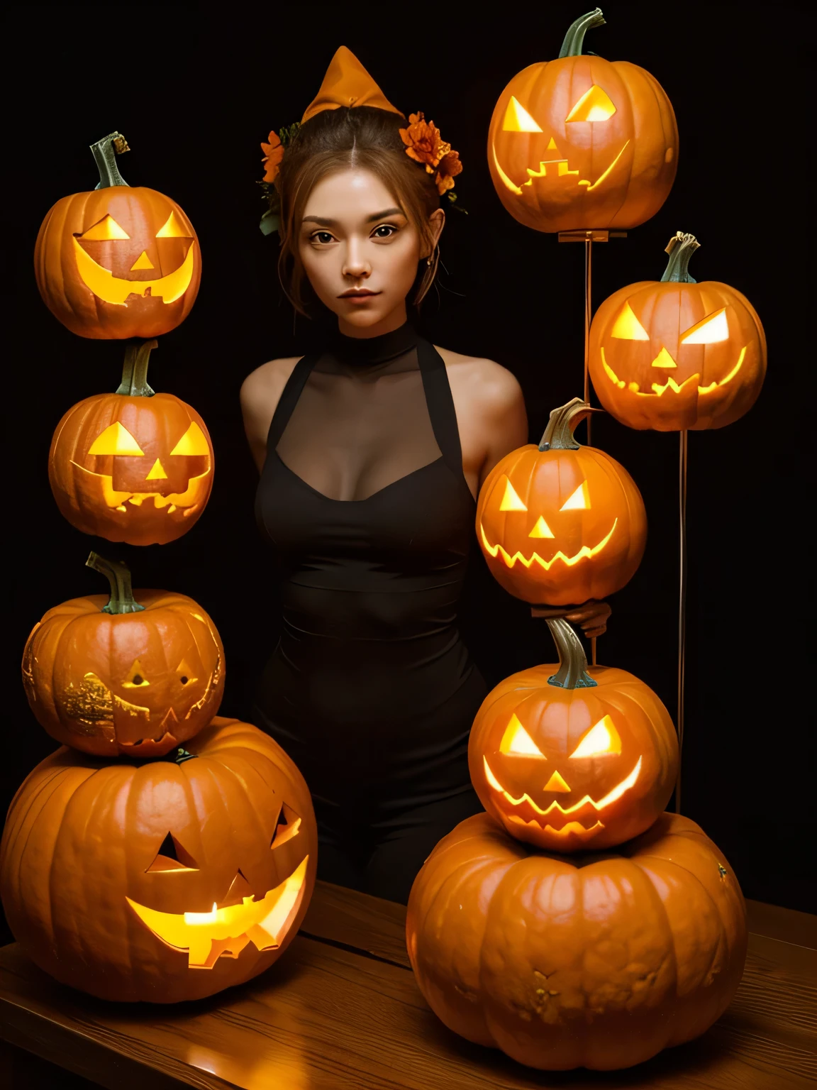 pumpkins with sculpture faces are lined up on a table, amazing, pumpkins, jack lantern, pumpkin灯, sculpture, october, sculpture, artistic masterpiece, adi meyers, author:author:by Dennis Flanders, pumpkin, Directly on the portrait, pumpkin head, creepy themed, she a gourd, flashing, threaten!, David Myers