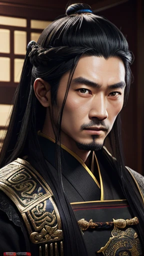oriental、ancient chinese man in black clothes、ancient chinese hairstyle man、three kingdom、multiple warlords、highest quality、masterpiece、ultra high resolution、(Photoreal:1.4)、game poster、inside the house、Upper body、highest quality、masterpiece、ultra high resolution、(Photoreal:1.4)、game poster
