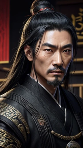 oriental、ancient chinese man in black clothes、ancient chinese hairstyle man、three kingdom、multiple warlords、highest quality、masterpiece、ultra high resolution、(Photoreal:1.4)、game poster、inside the house、Upper body、highest quality、masterpiece、ultra high resolution、(Photoreal:1.4)、game poster