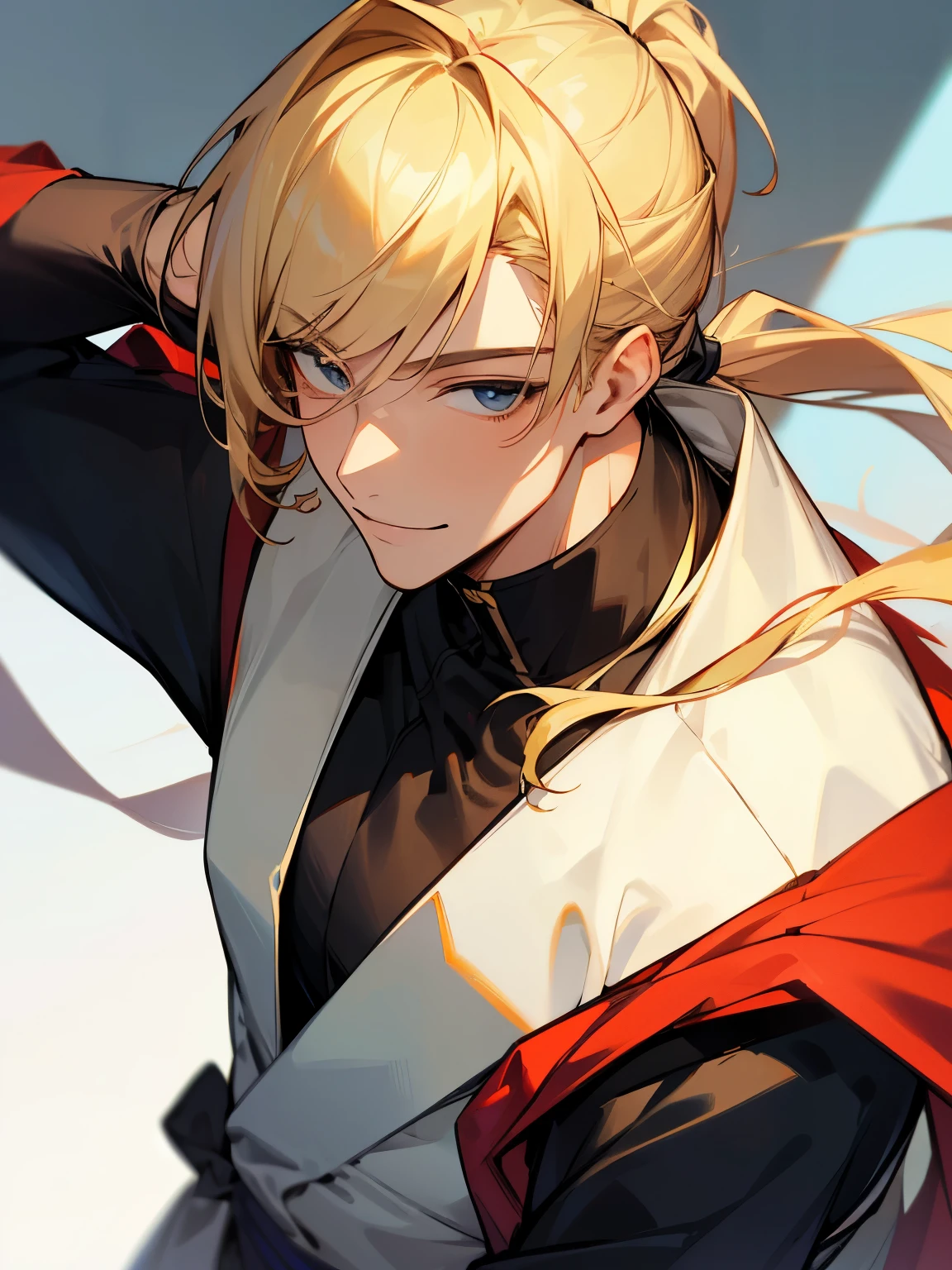 ((best quality)), ((muste piece)), perfect face,((1 male)),solo,20代の男性,Handsome guy,dynamic angle,adult,blonde,tied hair,smile,ponytail,Bangs,