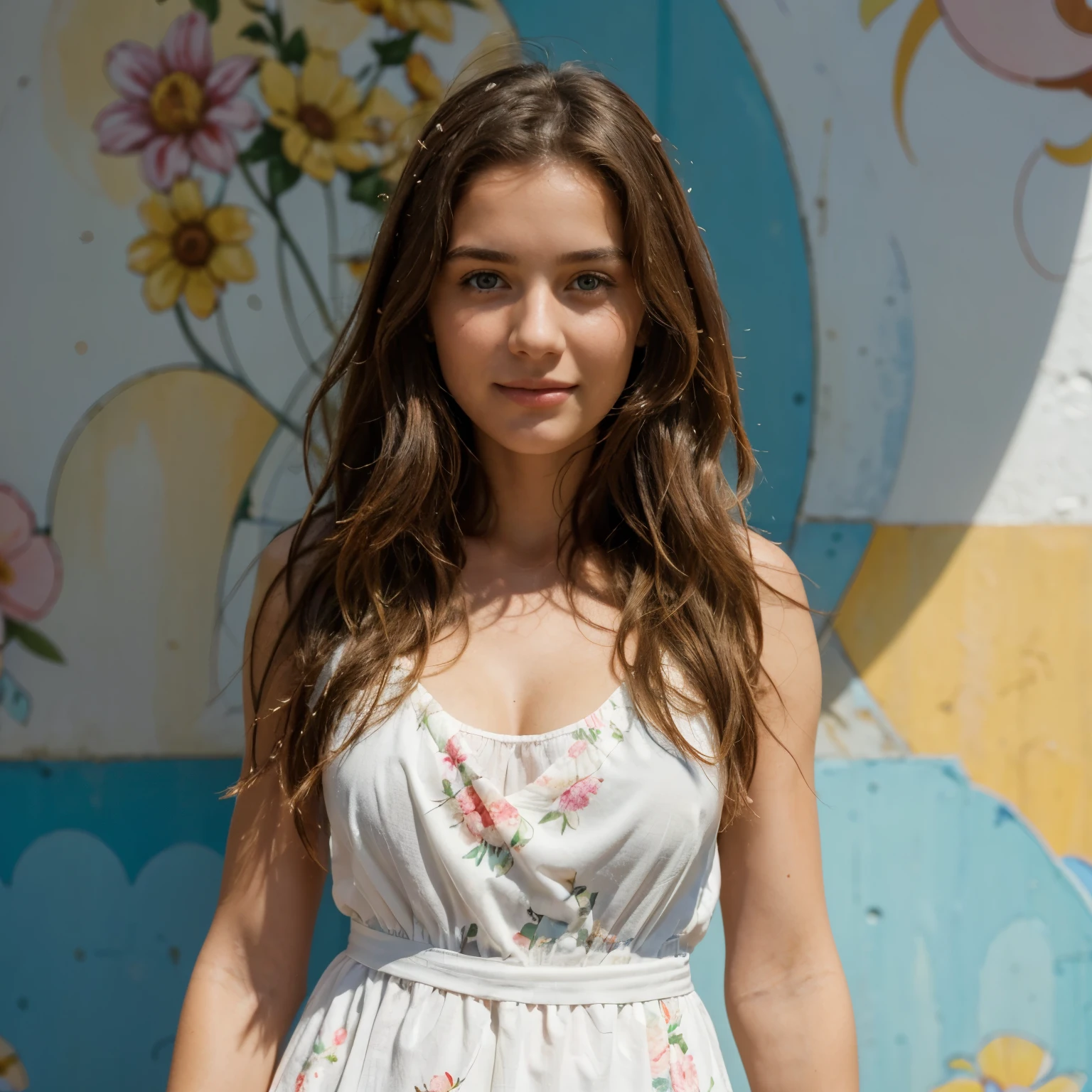 Create a photorealistic image of a beautiful Italian girl with long, wavy brown hair, wearing a white summer dress, looking directly at the camera with a gentle smile. The girl has a heart-shaped face, blue eyes, and is standing in front of a colorful wall with a floral pattern. The image should be bright and well-lit, with a warm, summery feel.