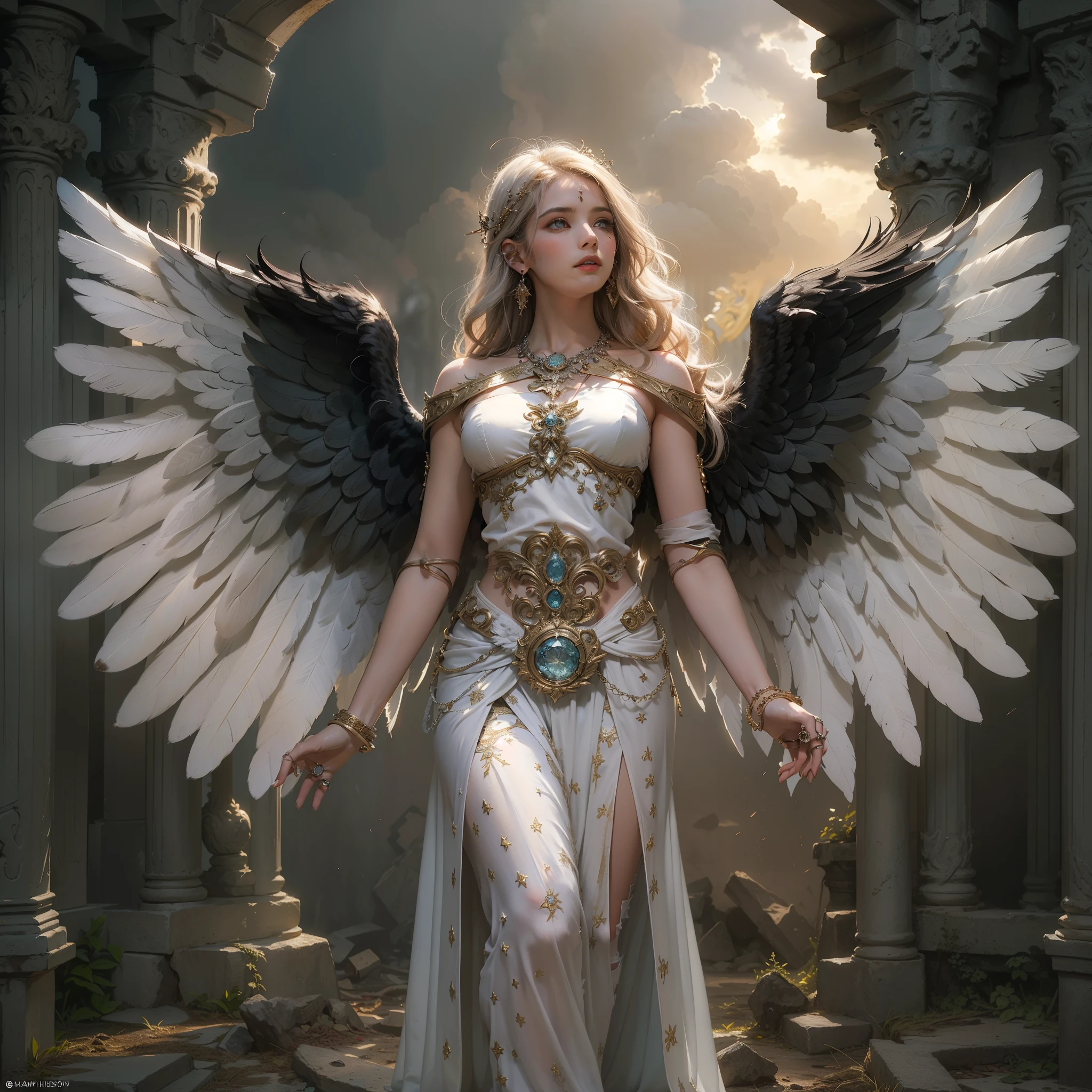 (Numerous award-winning masterpieces, with incredible detail, textures and maximum detail), (full-body standing image:1.8), (upper body up:0.3), (hyper realistic:1.4), (realistic:1.3), (best quality real texture skin), (finely detailed true circle Symmetrical eyes), (finely drawn beautiful face), (angel ring of divine brilliance above the head:1.8), ((medieval world)), (Elegant and divine white costume with elaborate workmanship: 1.8), (black angel of the Lord or white angel of the Lord:1.6), (full-body standing image:1.8), (Beautiful kind eyes), (she has a blissful smile on her face), (Beautifully colored eyes filled with compassion), (full-body standing image:1.8), Shining majestic cloud masses and sky, (halo optical phenomenon:1.3), (Angels dancing in the background), (Dramatic Light), (majestic sight), (Her expression is serene full of tenderness and very beautiful), ((Large wings with pure white feathers behind the shoulders)), (((Folded wings))), Glass earrings on the ears, (((dramatic photo))), (twilight), (sunset), (dusk), (Sacred Pose), (golden hair), (silver hair), (chestnut hair), Short cut hair, ((looks up)), ((looking down)), ((gives full-body standing image)), (Around her neck is a simple necklace of exquisite workmanship), Old ruins infested with plants, great temple, great cathedral, temple ruins, detached temple, (Luminous magic circle), Ruins of an ancient castle, Deserted ruins, crumbling ruins, Ancient ruins with clear water, Sacred Light, epic realistic, ((neutral colors)), (hdr:1.5), (muted colors:1.2), hyper detailed, cinematic, warm lights, dramatic light, (intricate details:1.1), complex background, highly detailed, ultra-realistic, intricate details, painting (artwork), ((masterpiece,best quality)), ((cinematic light)), fearsome, dark fantasy, faded, ((neutral colors)), art, (art station:1.5), light effect, dramatic light, (intricate details:1.1), complex background, (Greg rutkowski:0.8), (teal and orange:0.4),