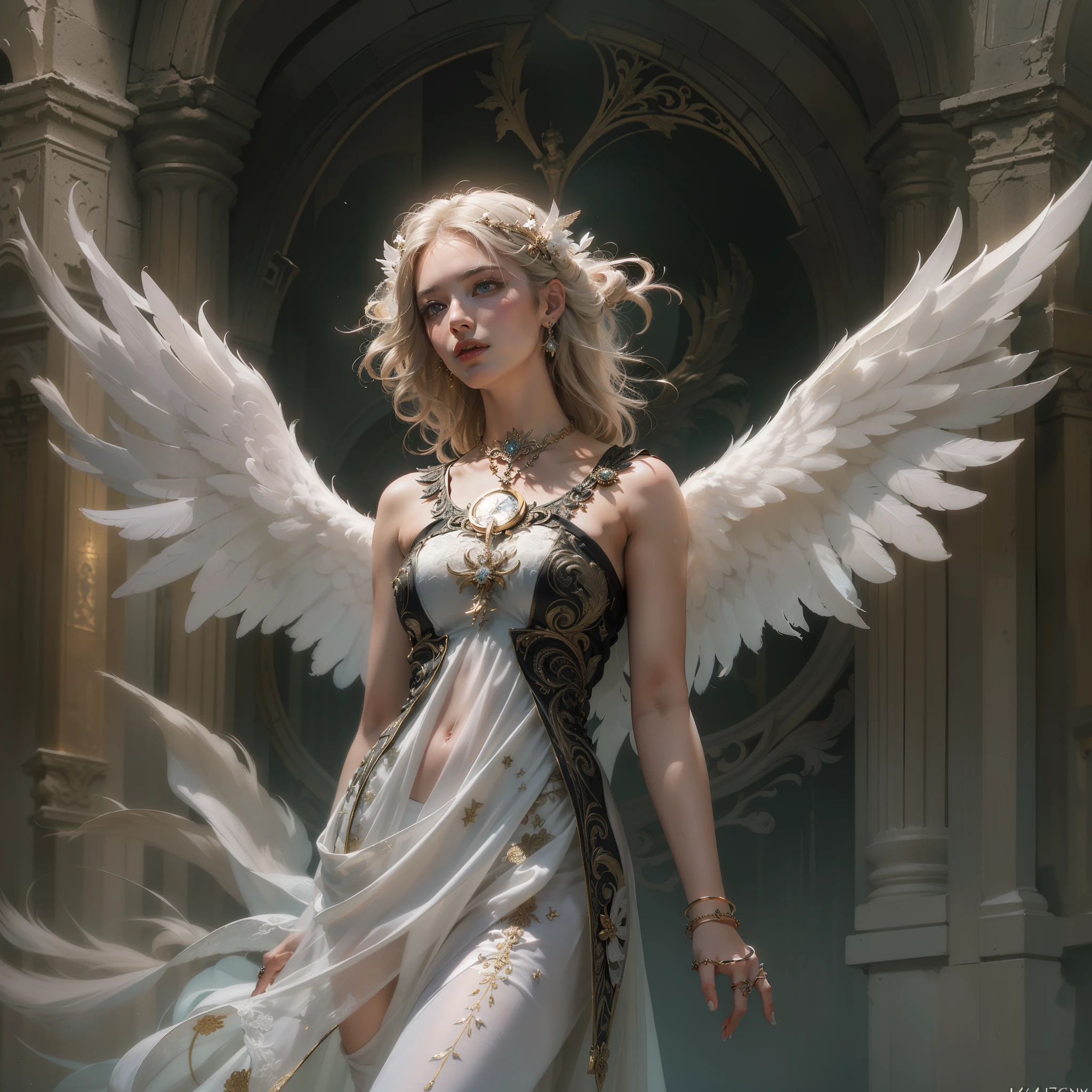 (Numerous award-winning masterpieces, with incredible detail, textures and maximum detail), (full-body standing image:1.8), (upper body up:0.3), (hyper realistic:1.4), (realistic:1.3), (best quality real texture skin), (finely detailed true circle Symmetrical eyes), (finely drawn beautiful face), (angel ring of divine brilliance above the head:1.8), ((medieval world)), (Elegant and divine white costume with elaborate workmanship: 1.8), (black angel of the Lord or white angel of the Lord:1.6), (full-body standing image:1.8), (Beautiful kind eyes), (she has a blissful smile on her face), (Beautifully colored eyes filled with compassion), (full-body standing image:1.8), Shining majestic cloud masses and sky, (halo optical phenomenon:1.3), (Angels dancing in the background), (Dramatic Light), (majestic sight), (Her expression is serene full of tenderness and very beautiful), ((Large wings with pure white feathers behind the shoulders)), (((Folded wings))), Glass earrings on the ears, (((dramatic photo))), (twilight), (sunset), (dusk), (Sacred Pose), (golden hair), (silver hair), (chestnut hair), Short cut hair, ((looks up)), ((looking down)), ((gives full-body standing image)), (Around her neck is a simple necklace of exquisite workmanship), Old ruins infested with plants, great temple, great cathedral, temple ruins, detached temple, (Luminous magic circle), Ruins of an ancient castle, Deserted ruins, crumbling ruins, Ancient ruins with clear water, Sacred Light, epic realistic, ((neutral colors)), (hdr:1.5), (muted colors:1.2), hyper detailed, cinematic, warm lights, dramatic light, (intricate details:1.1), complex background, highly detailed, ultra-realistic, intricate details, painting (artwork), ((masterpiece,best quality)), ((cinematic light)), fearsome, dark fantasy, faded, ((neutral colors)), art, (art station:1.5), light effect, dramatic light, (intricate details:1.1), complex background, (Greg rutkowski:0.8), (teal and orange:0.4),