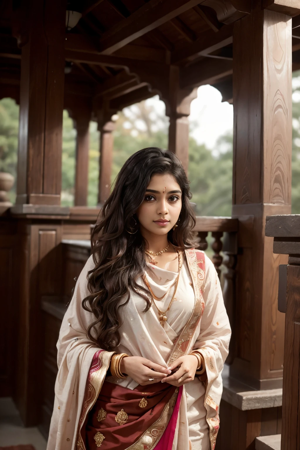 Young 24 year old Indian girl, offering pooja in temple, morning, detailed body, detailed face, ultra realistic, charming, cute, big hazel eyes with long curly hair, ambient lighting, winter, detailed background, 8k