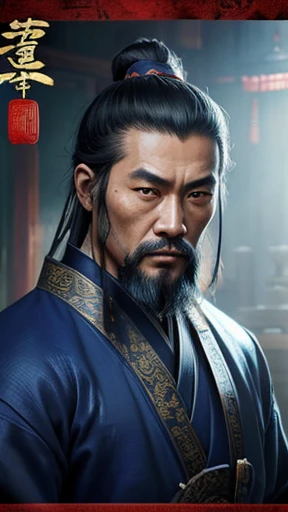 oriental、ancient chinese man in blue clothes、ancient chinese hairstyle man、three kingdom、multiple warlords、highest quality、masterpiece、ultra high resolution、(Photoreal:1.4)、game poster、inside the house、Upper body、highest quality、masterpiece、ultra high resolution、(Photoreal:1.4)、game poster