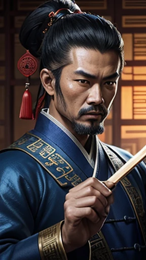 oriental、ancient chinese man in blue clothes、ancient chinese hairstyle man、three kingdom、multiple warlords、highest quality、masterpiece、ultra high resolution、(Photoreal:1.4)、game poster、inside the house、Upper body、highest quality、masterpiece、ultra high resolution、(Photoreal:1.4)、game poster