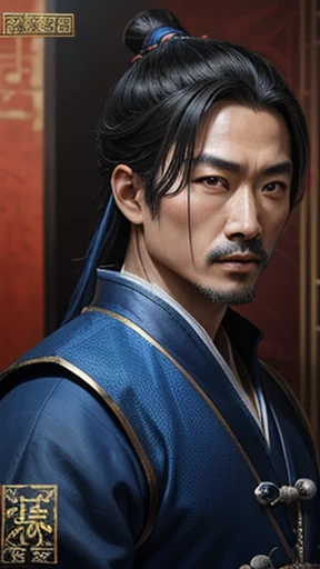 oriental、ancient chinese man in blue clothes、ancient chinese hairstyle man、three kingdom、multiple warlords、highest quality、masterpiece、ultra high resolution、(Photoreal:1.4)、game poster、inside the house、Upper body、highest quality、masterpiece、ultra high resolution、(Photoreal:1.4)、game poster