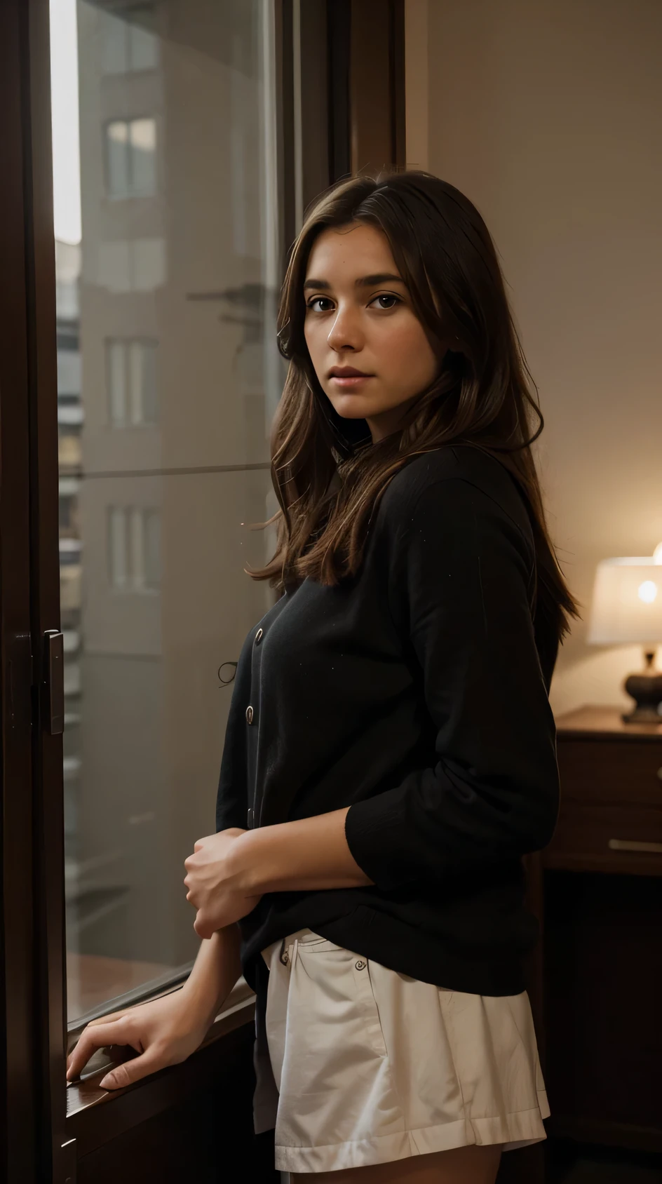 One jung french girl looks out the window, she has long brown hair, french, (atmospharic sight), (cinematic lights), movielook, (high quality), (best quality), (realistic), (HDR), 50mm, (Sony)