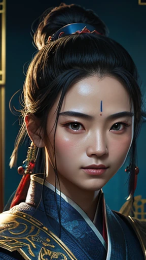 oriental、ancient chinese man in blue clothes、ancient chinese hairstyle man、three kingdom、multiple warlords、highest quality、masterpiece、ultra high resolution、(Photoreal:1.4)、game poster、inside the house、Upper body、highest quality、masterpiece、ultra high resolution、(Photoreal:1.4)、game poster