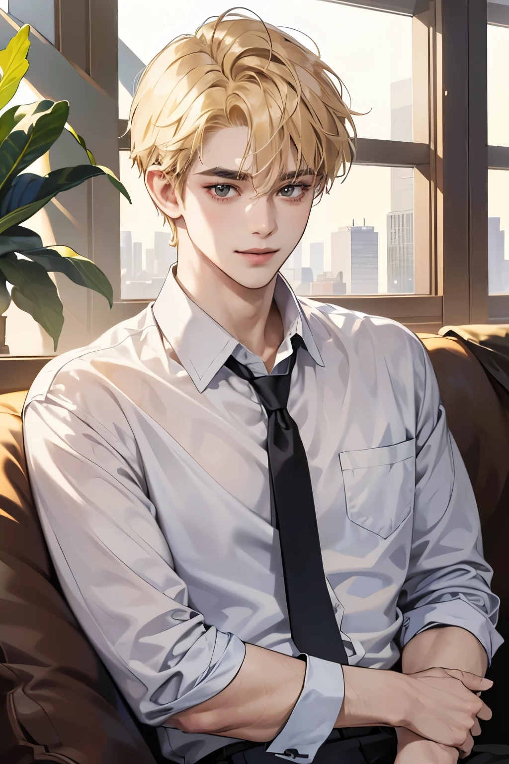 (table top, digital art, digital illustration, 4K, 8K, super detailed, beautiful images, clear image, realistic, RAW photo, perfect face, perfect lines, perfect eyes, soft lighting) 1 male human, (blonde,brown eyes,hair between eyes,hair is dirty,short hair,Expressionless,Goofy face,Parallel eyebrows,narrow eyes,smile gently,human,28 years old:1.3),ハンサムなmale性, (human,business shirt,tie,Thin macho,Firm shoulder width, male:1.2),small plants,sleepy face,Frantically opening your eyes,tie緩める,5 minutes before work,Living alone in a 1LDK,Hairstyle check,in the room, sofa,Double sofa