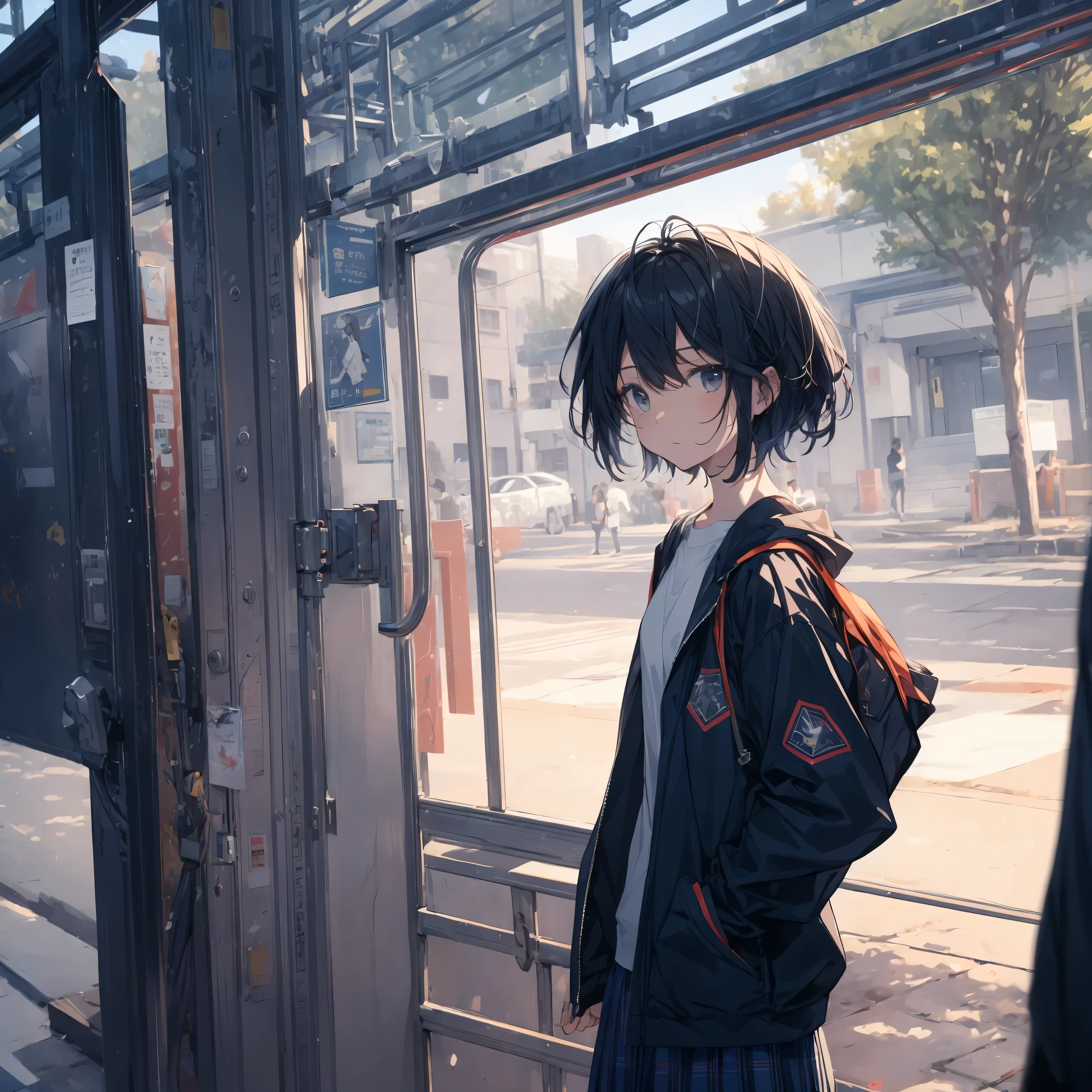 Super high quality by the art god, super detailed, High resolution, Shinkai Makoto style, anime moe art style, best anime 8K konachan wallpaper, pixiv contest winner, perfect anatomy, break,(眠そうにalone学校へ行く女の子を描いてください. ),break, surreal high school girl, (alone,change, Tomboy,13 years old:1.3),All limbs, full finger,Middle school students, androgynous charm, (very, very short hair), boyish hair, messy hair, flat and soft chest, small ass, between legs, small eyes,beautiful detailed black eyes, Well-proportioned iris and pupils, disgusted eyes, High resolutionの詳細な髪, school uniform, (skirt), On the way to school. break,super dense skin, Best lighting by famous artists, 8K, figure,