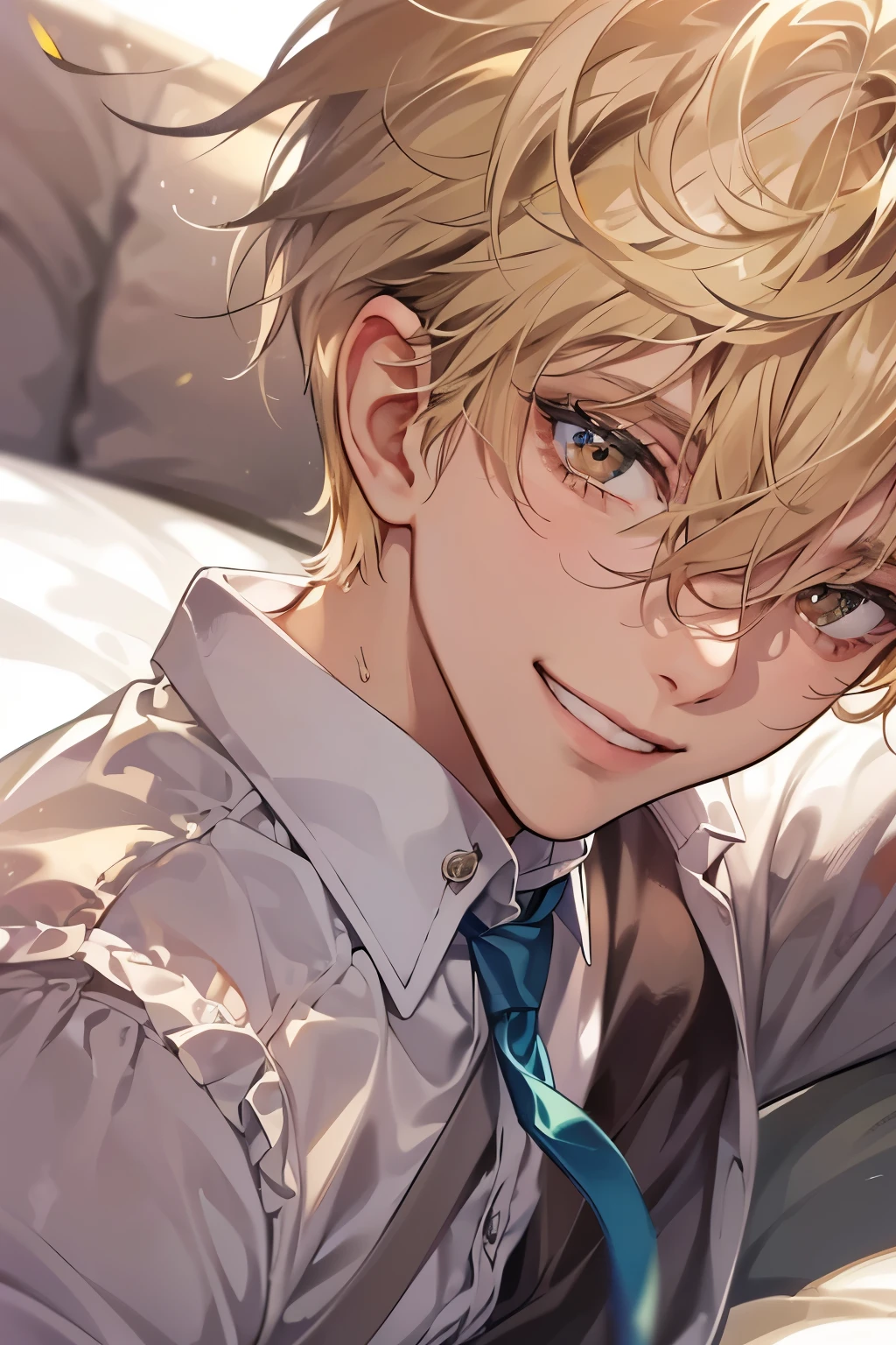 (table top, digital art, digital illustration, 4K, 8K, super detailed, beautiful images, clear image, realistic, RAW photo, perfect face, perfect lines, perfect eyes, soft lighting) 1 male human, (blonde,brown eyes,hair between eyes,hair is dirty,short hair,Expressionless,Goofy face,Parallel eyebrows,narrow eyes,smile gently,human,28 years old:1.3),ハンサムなmale性, (human,business shirt,tie,Thin macho,Firm shoulder width, male:1.2),small plants,sleepy face,Frantically opening your eyes,tie緩める,5 minutes before work,Living alone in a 1LDK,Hairstyle check,in the room, sofa,Double sofa