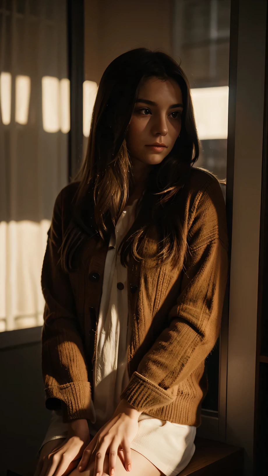 One jung french girl looks out the window, she has long brown hair, french, (atmospharic sight), (cinematic lights), movielook, (high quality), (best quality), (realistic), (HDR), 50mm, (Sony)