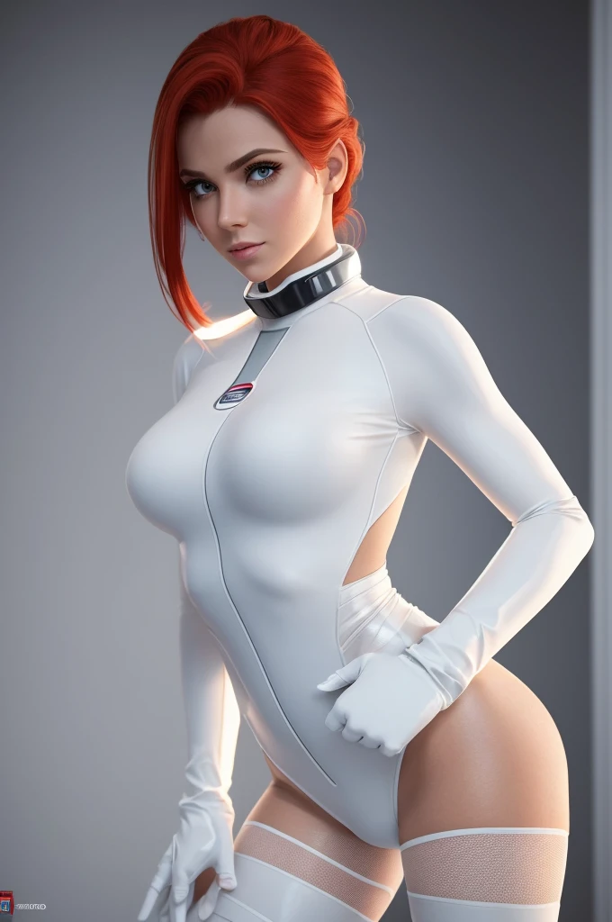 (best quality,8k:1.2,high resolution:1.2),ultra-detalhado,Realistic,vintage science fiction female superhero,retro, red hair,rosto extremamente detalhados,long eyelashes,Collant de nylon branco Apertado,white pantyhose,white gloves, white Glossy plastic accessories,Physically-based rendering,foco nítido,studio lighting