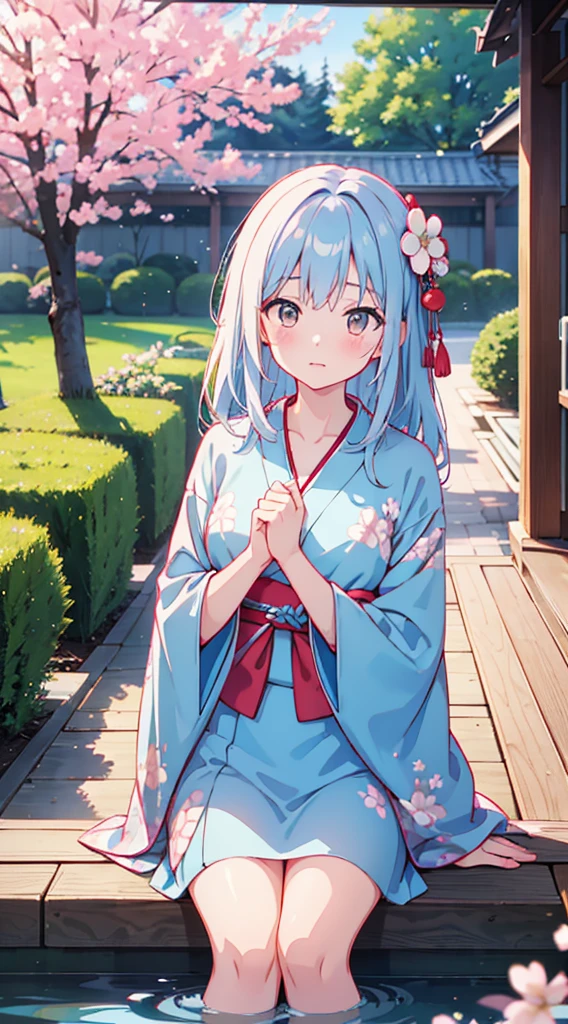 G cup、beautiful beauty、wet kimono、wet hair、water droplets、Opened kimono、white kimono、Cherry blossom pattern、blue hair、brown eyes、long hair down to the waist、embarrassed face、Japanese garden in the evening、{Highest image quality}