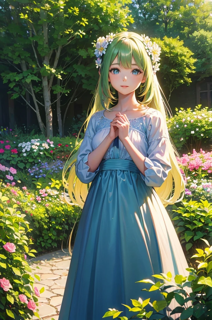 A girl with beautiful detailed eyes and lips standing in a garden, surrounded by vibrant flowers and lush greenery. She is wearing a flowing dress that matches the colors of the blooming flowers. The sun is casting a warm golden light, creating a peaceful and serene atmosphere. The artwork is a high-resolution oil painting (best quality, highres, masterpiece:1.2), with ultra-detailed brushwork capturing every intricate detail of the girl and the garden. The style of the painting is realistic and photorealistic (realistic, photorealistic, photo-realistic:1.37), emphasizing the lifelike representation of the scene. The colors are vivid and vibrant, with a harmonious color palette that enhances the natural beauty of the garden. The lighting is soft and diffuse, with gentle shadows and highlights creating depth and dimension in the artwork.