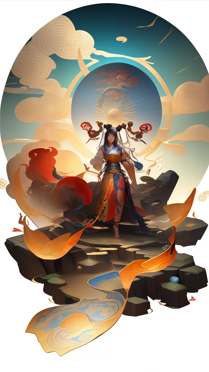 high quality, best quality, lifelike, original photo, actual, Ultra-realistic 8K CG, Ultra-detailed, HD, masterpiece, Ancient Chinese Mythology and Art,antique art,Dunhuang style,The background decorated with auspicious clouds and silk ribbons,Elegant and peaceful atmosphere,Concept art illustration,Ink painting color blooming,Light painting rendering,Xianxia large-scale game CG scene