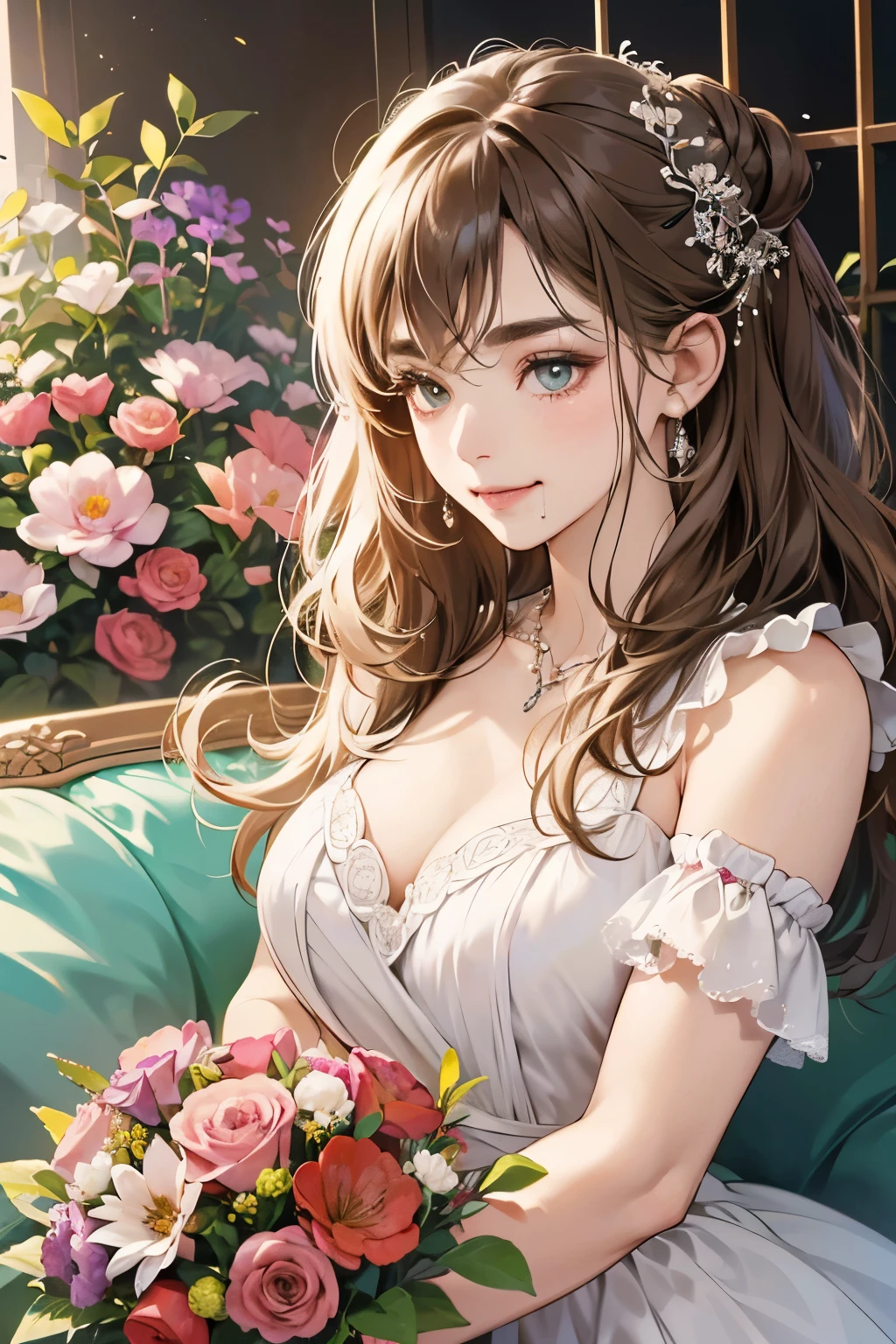 (table top, digital art, digital illustration, 4K, 8K, super detailed, beautiful images, clear image, realistic, RAW photo, perfect face, perfect lines, perfect eyes, soft lighting) 1 female, (light brown hair,chignon hair,innocent look,droopy eyebrows,drooling eyes,With a round face,Round jaws、innocence,cute,Big eyes,natural makeup,smile gently,E cup,23 year old female:1.3),Two handsome men in suits, (human,Men in suits,muscular,Firm shoulder width,  mannish hairstyle,A man in his 30s with a cool expression,28-year-old man with bright smile:1.2),A garden full of light、lots of flowers、squirt、colorful flowers、(embarrassing,shy smile,bouquet of haze:1.2),Antique sofa,Resort Sofa,the kiss、kiss、couple、couple kissing、romance、Wedding dress、wedding style、誓いのkiss、hug