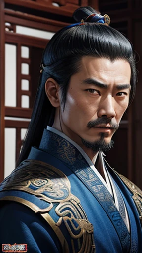 oriental、ancient chinese man in blue clothes、ancient chinese hairstyle man、three kingdom、multiple warlords、highest quality、masterpiece、ultra high resolution、(Photoreal:1.4)、game poster、inside the house、