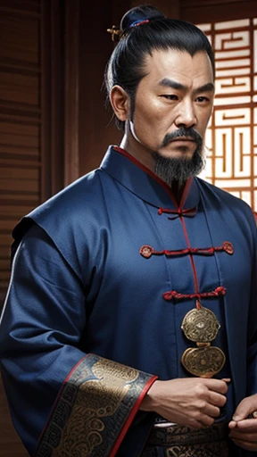 oriental、ancient chinese man in blue clothes、ancient chinese hairstyle man、three kingdom、multiple warlords、highest quality、masterpiece、ultra high resolution、(Photoreal:1.4)、game poster、inside the house、