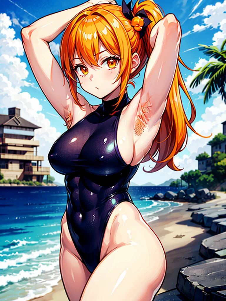 （（（masterpiece、Highest image quality、highest quality、highly detailed unity 8ｋwallpaper）））、（（Illustration of one girl））、（（beautiful girl））、（（orange hair、side ponytail、sidelocks：1.4、orange eyes））、（（（stocky build：1.4, thickset physique：1.6, muscular legs, broad shoulders, solid chest）））、（（（orange hairy armpits：1.4）））、(armpit hair:1.4)、swimsuit、sandy beach