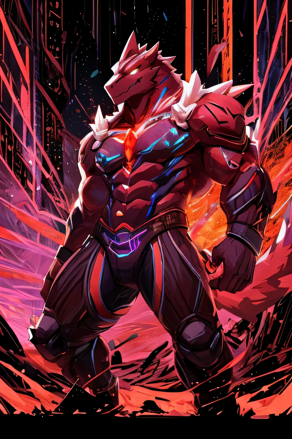 masterpiece, best quality, perfect anatomy, (detailed eyes:1.2), (Red Raptor), male, solo, cables as tenacles from back, glowing eyes, floating in air, digital_space, binary, glitchy, glitch creature, liquid, detailed background, Evil, Mischief, kemono, solo, made of glitch, void creature, chaos, corruption, bara, muscles, anime_pose, negative_space, inverted_filter, glitched, error, virus, malware, malicious
