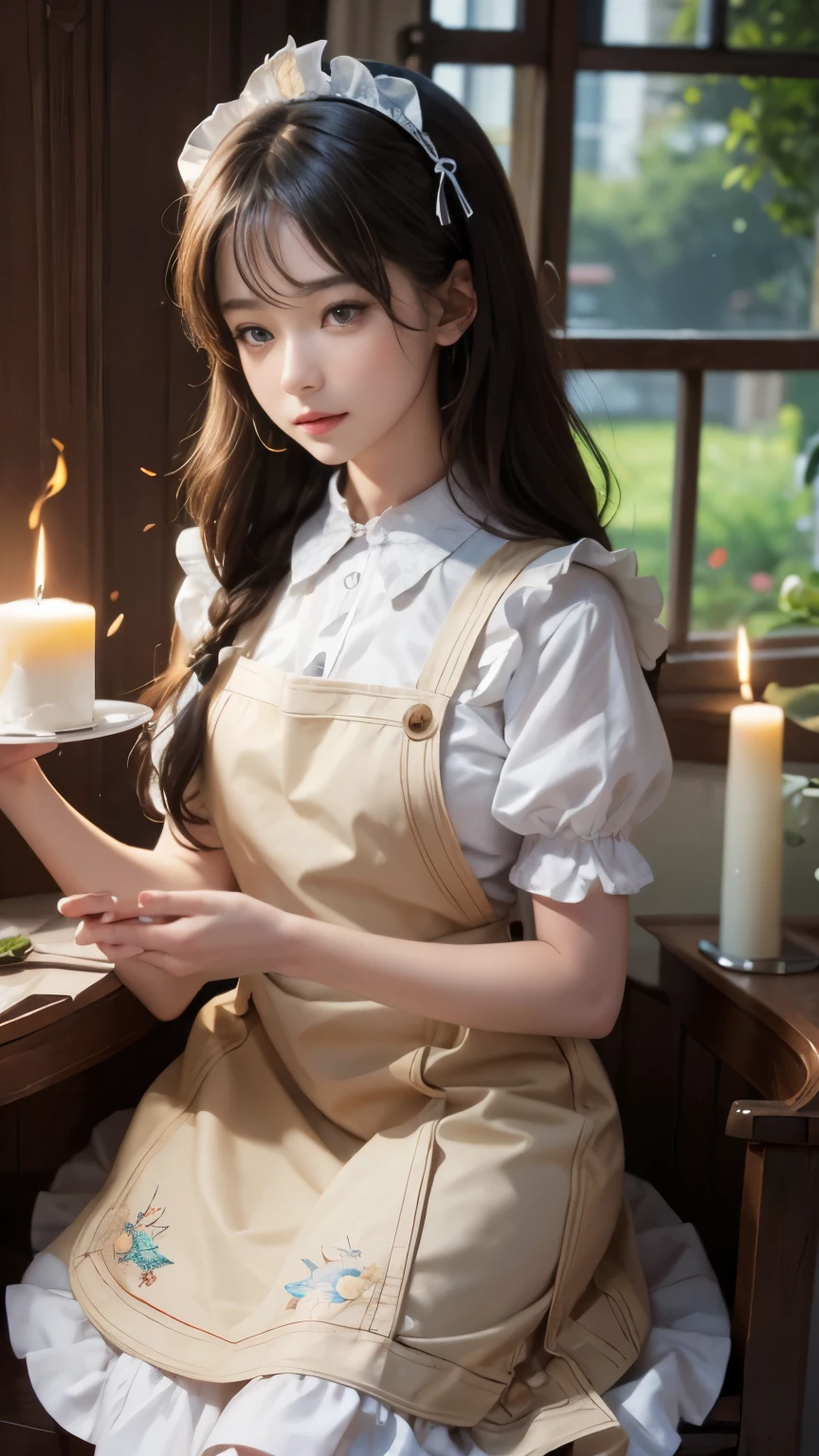 ((best quality: 1.4)), (Unparalleled masterpiece), (ultra high definition) , (Ultra-realistic 8k CG),(half body shot from head to thigh),(Super detailed),(maid ),(Artwork by Jean Baptiste Monge), highly detailed maid clothes, half_apron ,Amazingly beautiful , Highly detailed beautiful hair , highly detailed hairstyle, cinematic, happy ,In the old bungalow, candle lighting, Use the backlight effect to increase the depth of the image, Anisotropic filtering, depth of field, Maximum clarity and sharpness, ,8 life size , thick body:0.8 ,perfect anatomy , symmetrical balance, beautiful gradation , sharp focus, 4K resolution, golden ratio, centered image, beautiful composition,