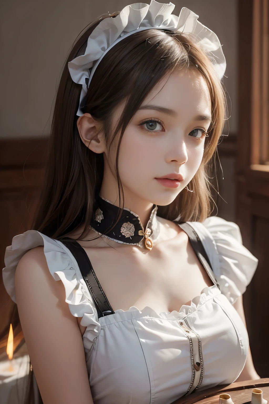 (Raw foto:1.2), masterpiece, in 8K, hight resolution, (Photorealsitic:1.4), hyperrealistic girl, extremely detailed eye and face, beatiful detailed eyes, Realistic face, hight resolution, ighly detailed, top-quality, masterpiece, ighly detailed,, magnifica, mansion, top-quality, Light on the Face, 电影灯光, silber hair, a 20 yo woman, (Smile:0.5), thighs thighs thighs thighs, Head dress, (maid clothes), a black ribbon, White Apron, puff sleeves, collars, a choker, Apron with detailed ruffles, Black Maid Costume, side-tie panty,