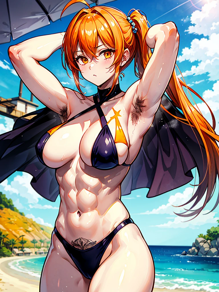 (((masterpiece、Highest image quality、highest quality、highly detailed unity 8kwallpaper)))、((Illustration of one girl))、beautiful girl、((orange hair、side ponytail、sidelocks:1.4、orange eyes))、(((stocky build:1.4, thickset physique:1.6, muscular legs, broad shoulders, solid chest)))、(((orange hairy armpits:1.4)))、(armpit hair:1.4)、swimsuit、sandy beach