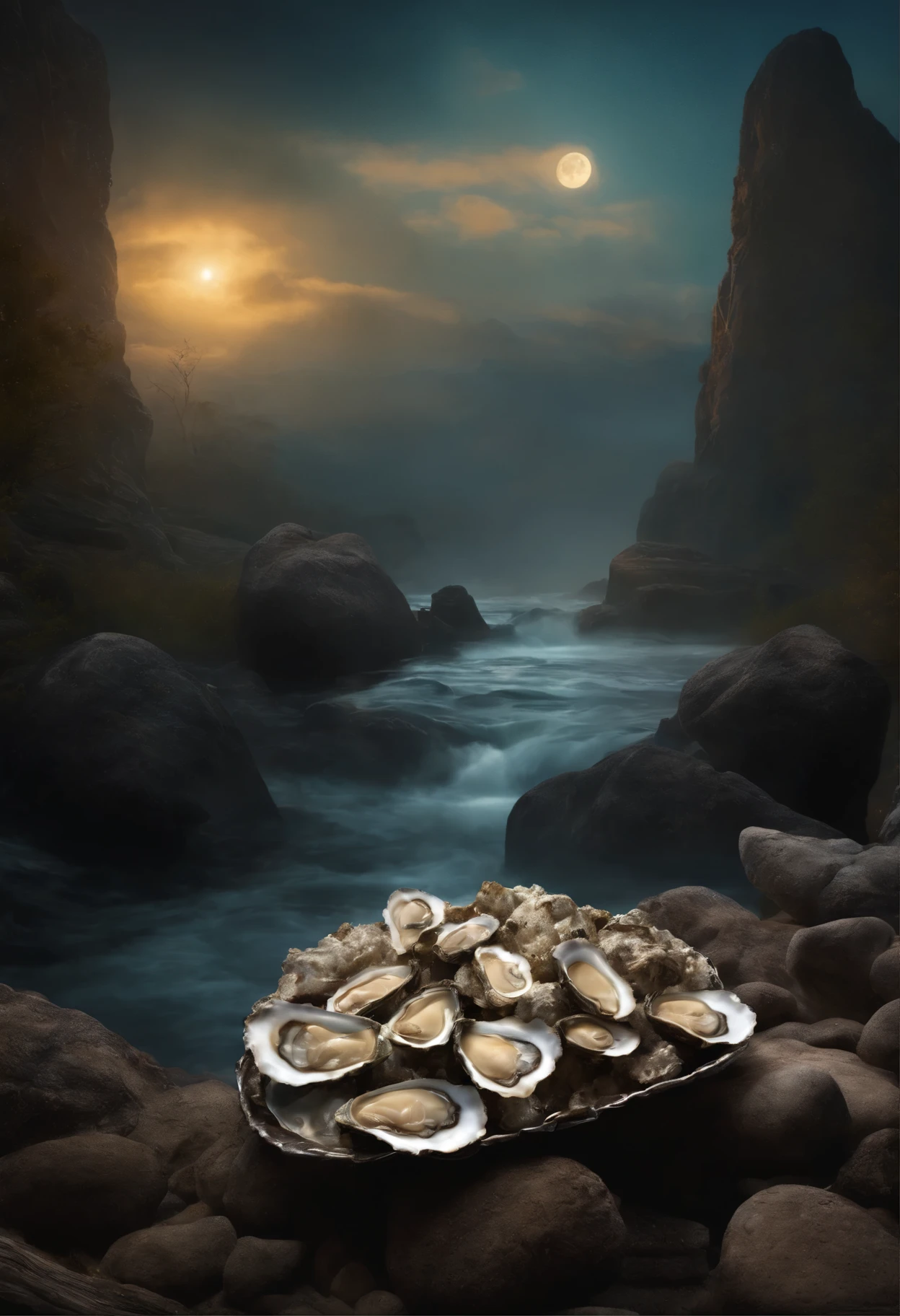 oysters,hyper realisitc, Rockefeller,religion, OilPaintStyle, crush, Fallen, Profound, Best quality, Moon, Ethereal, 4K,8K, A high resolution, Masterpiece:1.2, Ultra-detailed, Photorealistic, Texture, Vibrant colors, Dramatic lighting, spooky ambiance, conceito, Exquisite details, Ethereal, mysterious, divine presence.