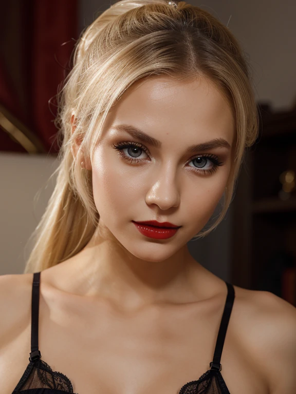 Slavic girl 26 years old, blonde hair, petite, slim, ponytail, lingerie, stockings, dark red lips, close look straight in to eyes, face only 