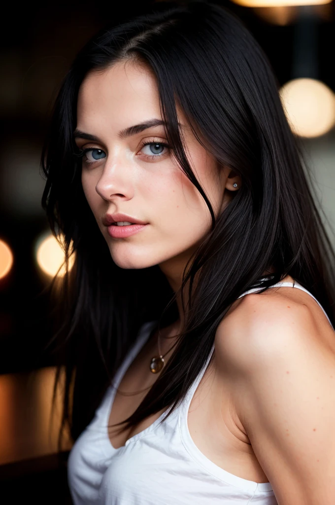 beautiful woman, long straight black hair, wearing a white t-shirt without print, wearing leather belt, front view, sitting on bed in nutral color bedroom very detailed, 30 years, natural wave hair, blue eyes, high-res, masterpiece, best quality, intricate details, highly detailed, sharp focus, detailed skin, realistic skin texture, texture, detailed eyes, professional, 4k, Canon shooting, 85mm, shallow depth of field, kodak color vision, perfect fit body, extremely detailed, photo_\(ultra\), photorealistic, realistic, post-processing, maximum detail, roughness, real life, ultra realistic, photorealism, photography, 8k uhd, photography (grain of film) medium shot for closeup shot atmospheric dark lighting
