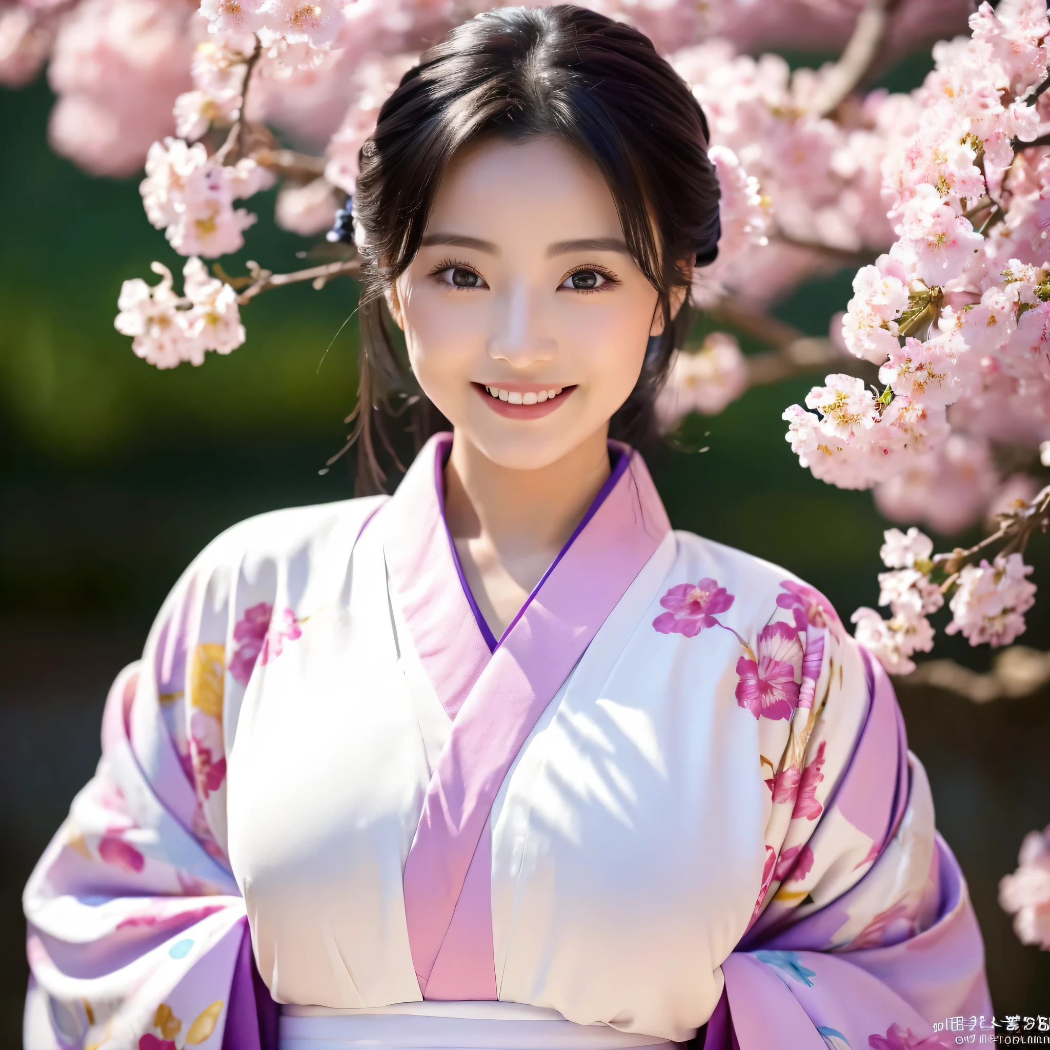(Super beautiful woman in kimono)、((highest quality、8K masterpiece:1.3))、sharp focus:1.2、(super beautiful face:1.0)、(shiny skin:1.0)、realistic pictures、black hair、video lighting、High resolution eyes and face、video lighting、japanese actress、from the front、big breasts、with a happy smile、Slender abs beauty、whole body、wearing a kimono、cherry blossom in full bloom、luxury obi