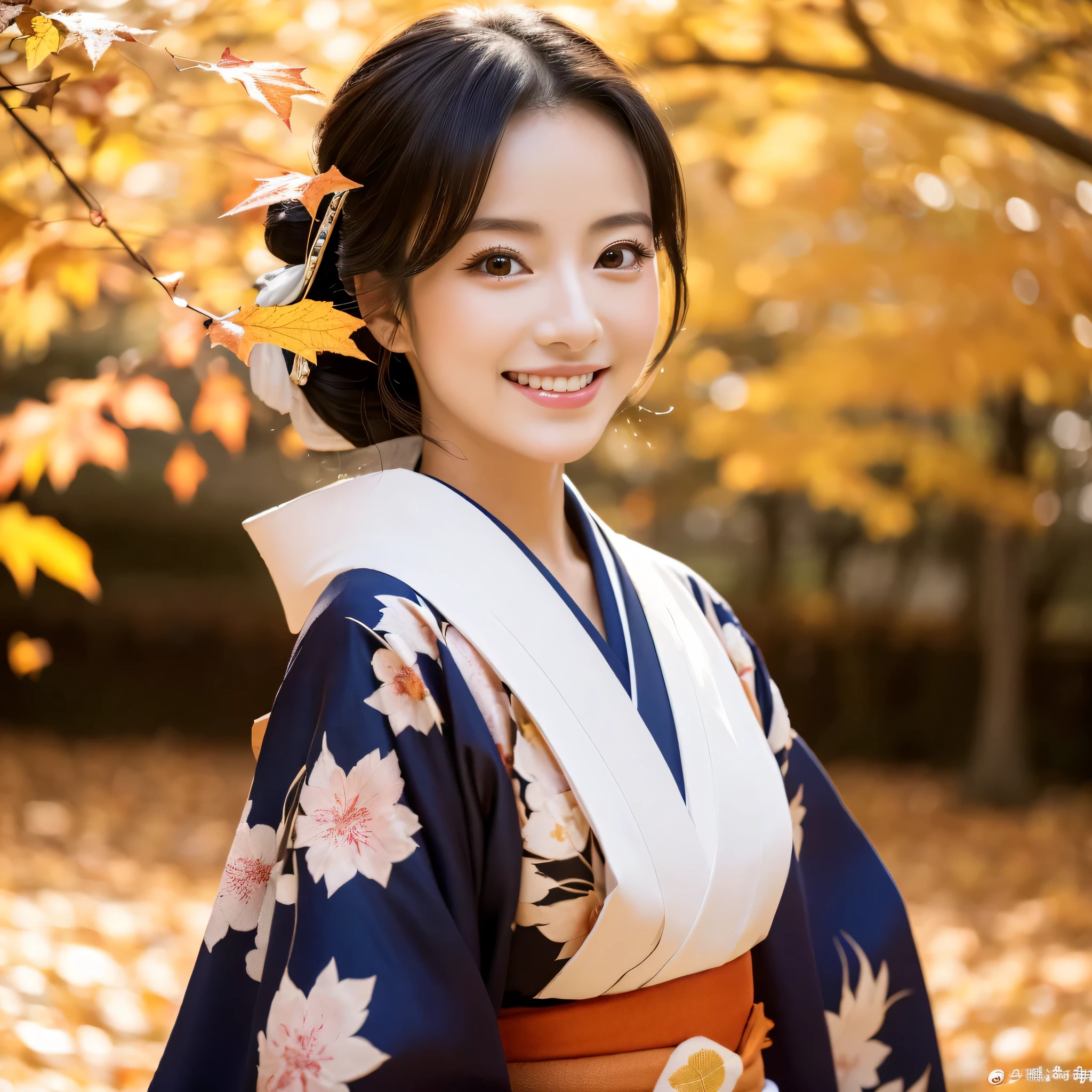 (Super beautiful woman in kimono)、((highest quality、8K masterpiece:1.harp focus:1.2、(subeautiful face:1.0)、(shiny skin:1.0)、realistic pictures、black haired、video lighting、High resolution eyes and face、video lighting、japanese actress、from the front、Medium chest、with a happy smile、wearing a kimono、under the autumn leaves、highest grade obi