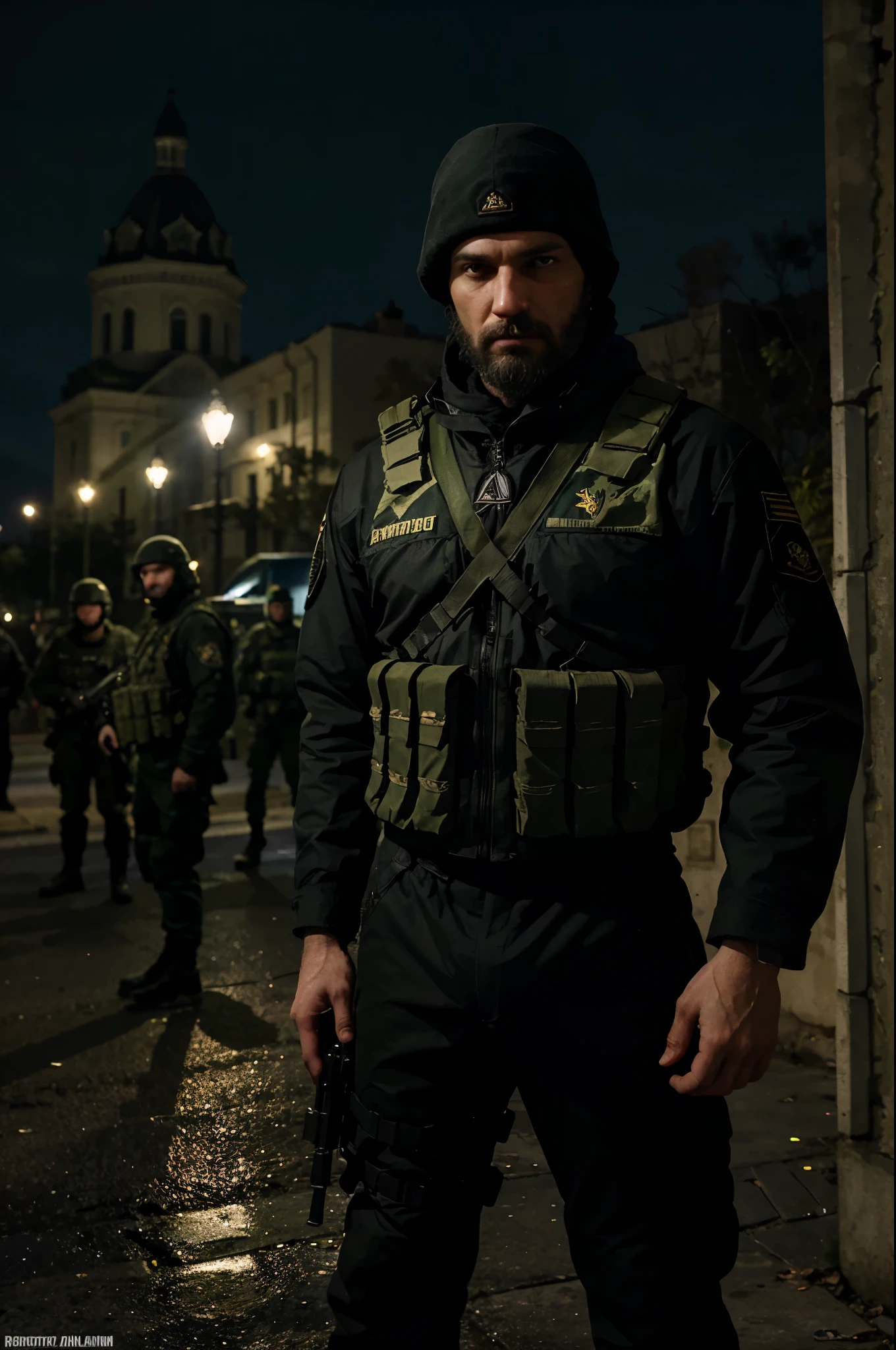 Depict a night scene outside the Supreme Council of Crimea with Russian special forces in tactical green gear quietly surrounding the building, ak-47, subtly illuminated by streetlights, reflecting the tension of the covert operation., ccurate, anatomically correct, super detail, 1080P, best quality, high quality, super detail,without badges 