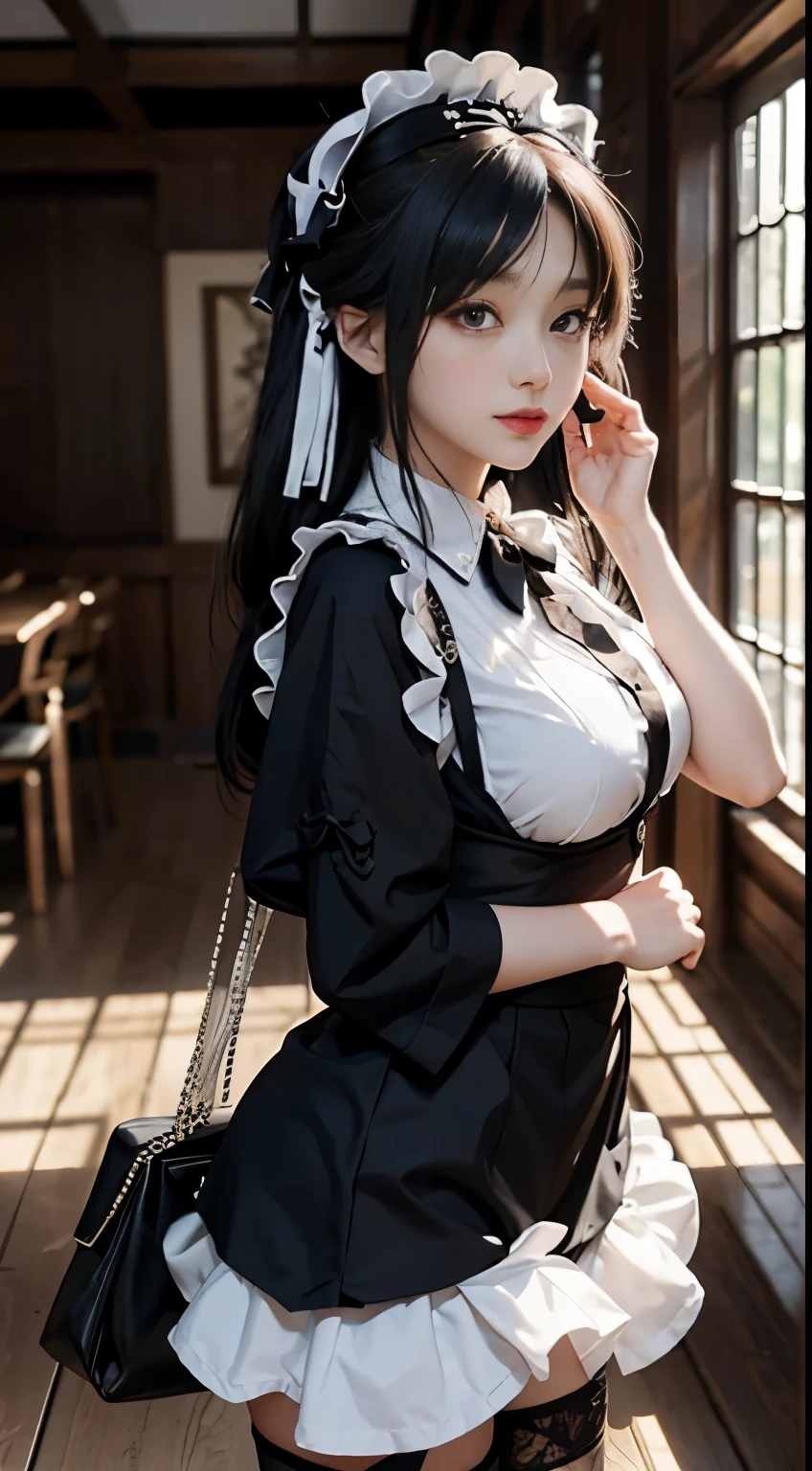 Ms. Feder, dressed in black and white, poses for a photo,  A catboy&#39;s! maid! skirt, Japanese cartoons girl , anime girl in a maid costume, gorgeous maid, Azure Lane style, maid outfit,  photo, , Albedo of Overlord, Japanese cartoons , Various cute poseascinating portrait of Tifa Lockhart, a scene from《Azure Lane》Electronic games