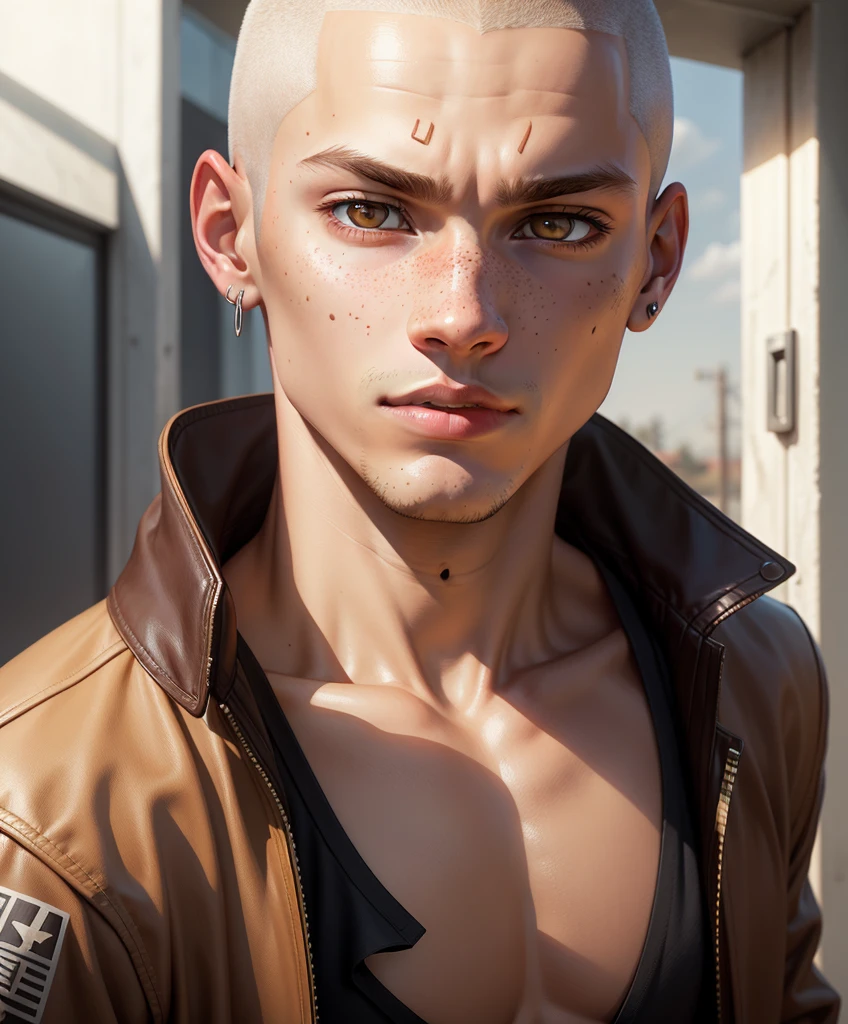 Illustration, dramatic by Jimmy Hopkins: r, 1.70 m, shaved hair, discreet scar on the head, freckles on the face, earring in the left ear, expressive brown eyes. light brown jacket with a white t-shirt underneath, has an athletic physique and confident posture in 8k.