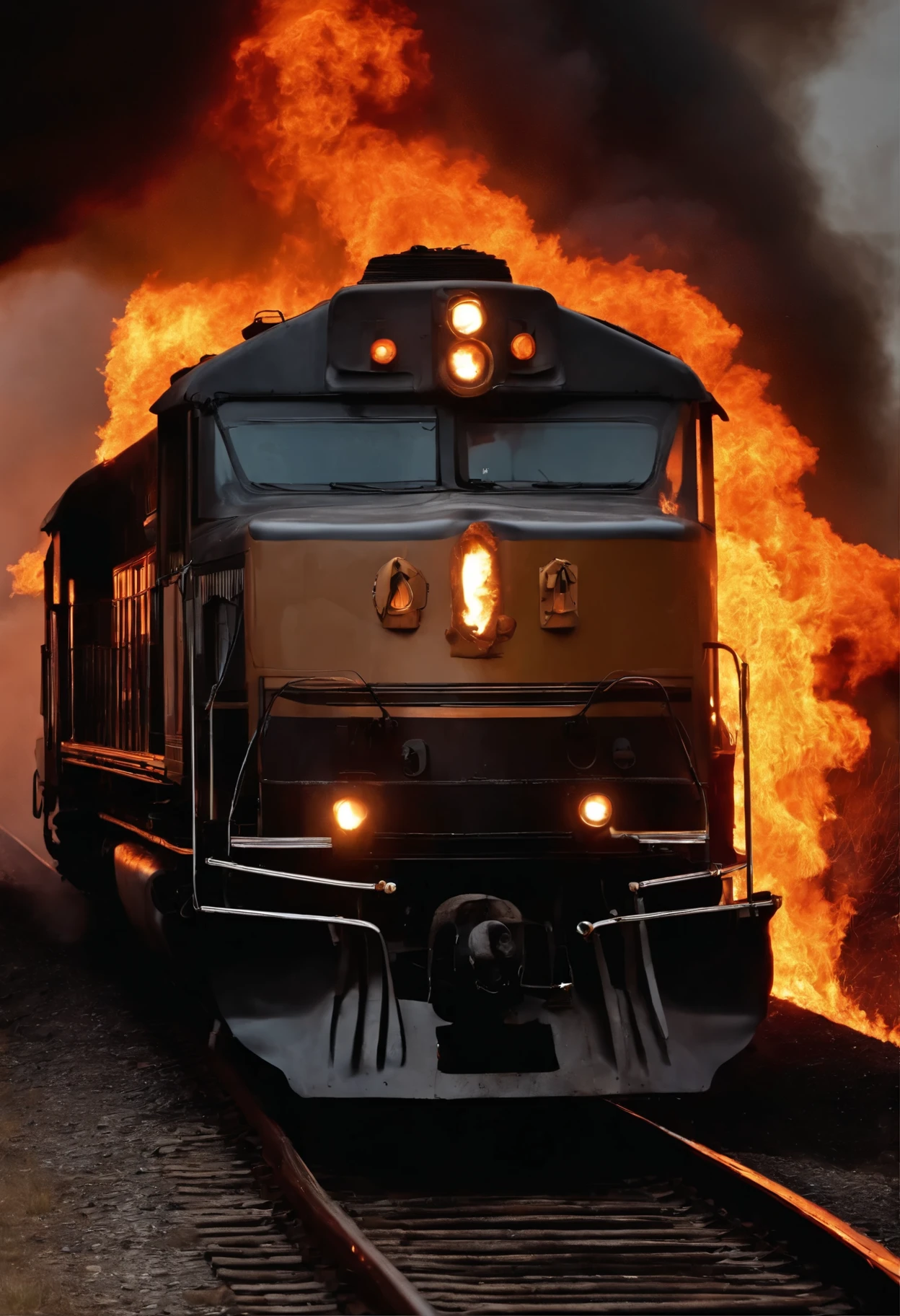 flames are lit up on the side of a train as it goes down the tracks, multiple flames, lots of flames, fire from some windows, flames everywhere, burning bus inferno, large flames, lots of fire, with lots of fire coming from it, small flames, burning flames, all face covered with a fire, fire raining, intense flames, dramatic fire lighting, make it more realistic and detailed