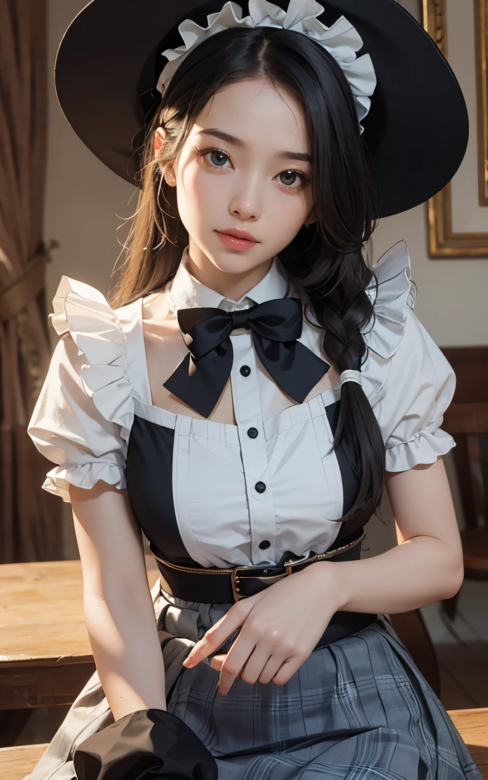 (8k, original photo, best quality, on the table:1.2), HD RAW color photography, Professional photography, cowboy shooting, (actual, Photographic Realism:1.37), ((best quality)), 25 year old female, (Facial details are more delicate:1.2), (on the table:1.5), (best quality:1.2), (mole:0.5), (smiling:0.9), (looking at the audience:1.2), (skirt lift:1.4), White with wrinkles, bow tie, (Detail of maid:1.2)